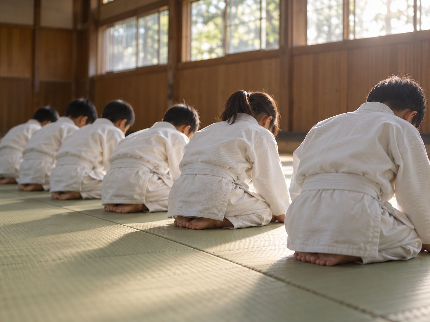 稽古の始まりに正座して礼をする子どもたち