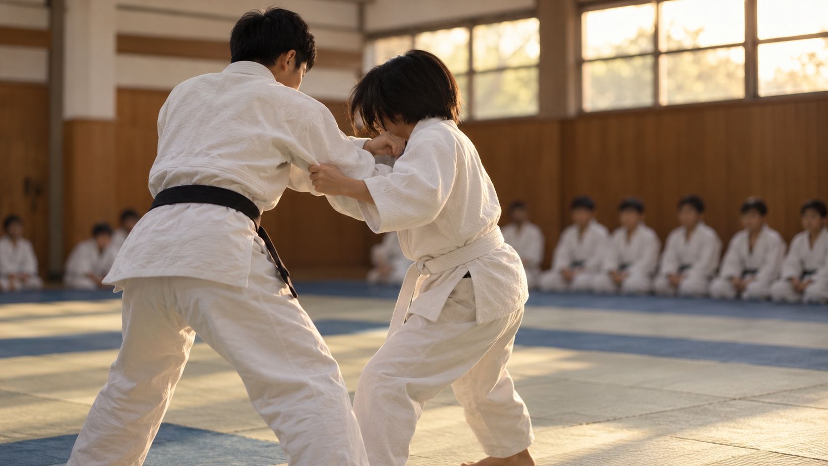武道場で組み合って稽古する柔道着の中学生たち