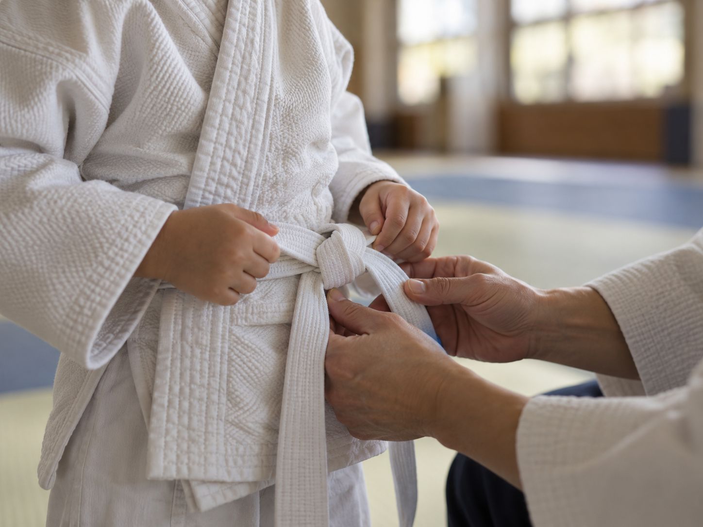 柔道着の帯を結ぶ子どもと、手伝う先生の手元